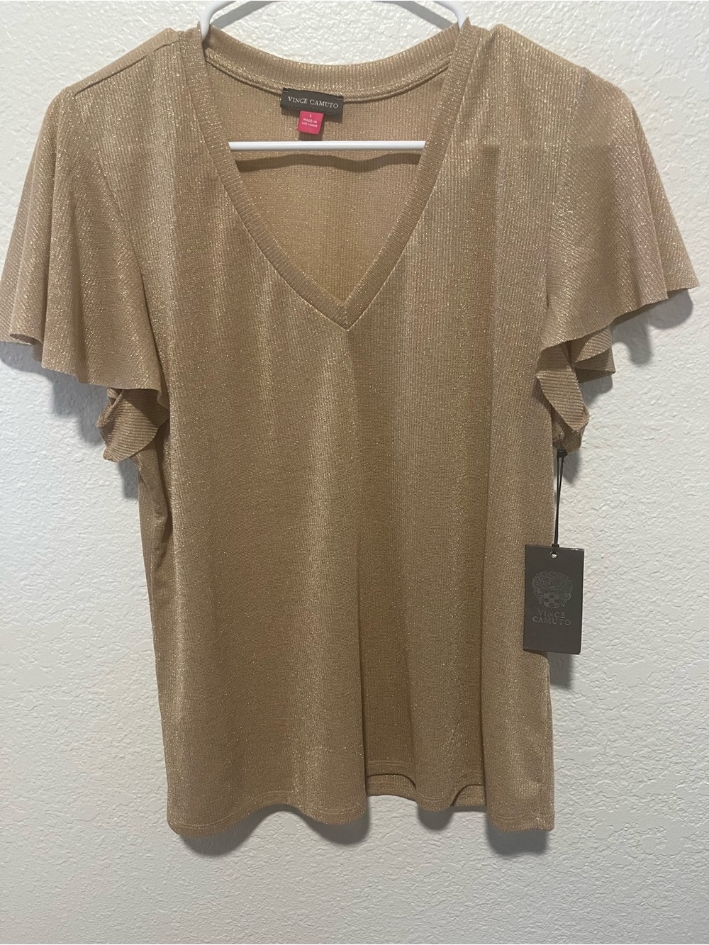 Vince Camuto Shimmery Taupe V-Neck Flutter Sleeve Top